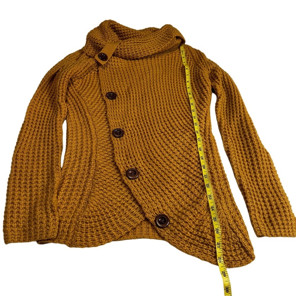 Mustard Yellow Turtle Cowl Neck Chunky Knit Sweater Size Small Asymmetrical Hem - Picture 9 of 10